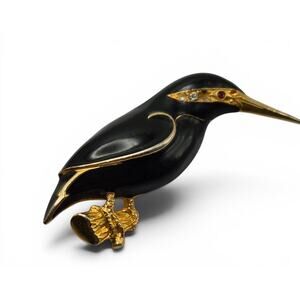 Vintage Black Heron Egret Brooch Gold Tone Enamel Rhinestone Pin